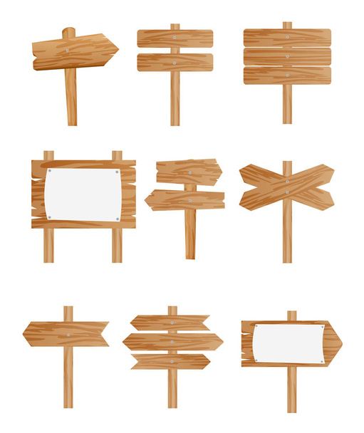 Vectorillustratie set van verschillende houten straatnaamborden, pointers collectie op witte achtergrond in vlakke stijl. - Vector, afbeelding
