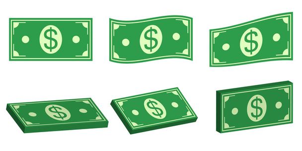 Establecer iconos dólar dinero, paquete plano y 3D de dinero en efectivo. Símbolo vectorial dinero para el pago de la paga, plana e isométrica, paquete de dólares en efectivo
 - Vector, Imagen