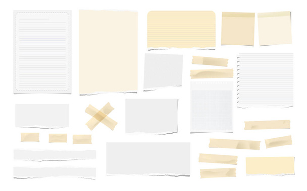 brauner Kleber, klebrig, maskierend, Klebeband-Stücke, weißer Notizblock, Notizheftpapier für Text auf weißem Hintergrund isoliert. - Vektor, Bild