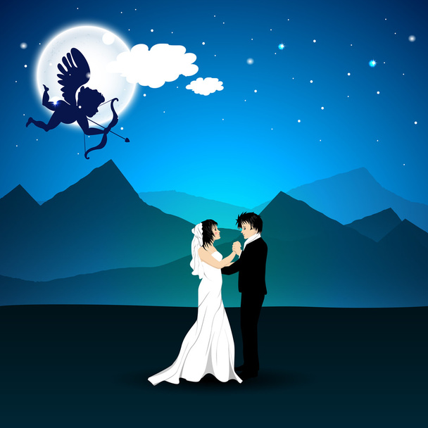 Valentines Day love night background with cupid taking aim on ne - Vector, afbeelding