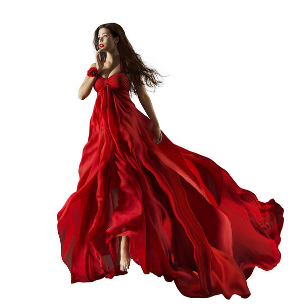 Fashion Model in Red Dress, Beautiful Woman Portrait, Waving Gown Fabric Fly through Air - Фото, изображение