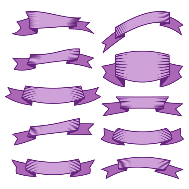Set van tien paarse linten en banners voor webdesign - Vector, afbeelding