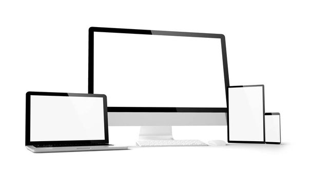 μεμονωμένο υπολογιστή gadgets με λευκές κενές οθόνες, 3d rendering - Φωτογραφία, εικόνα