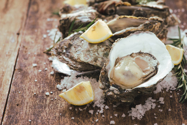 freshly opened oysters on a wooden background texture with copyspace - Photo, Image