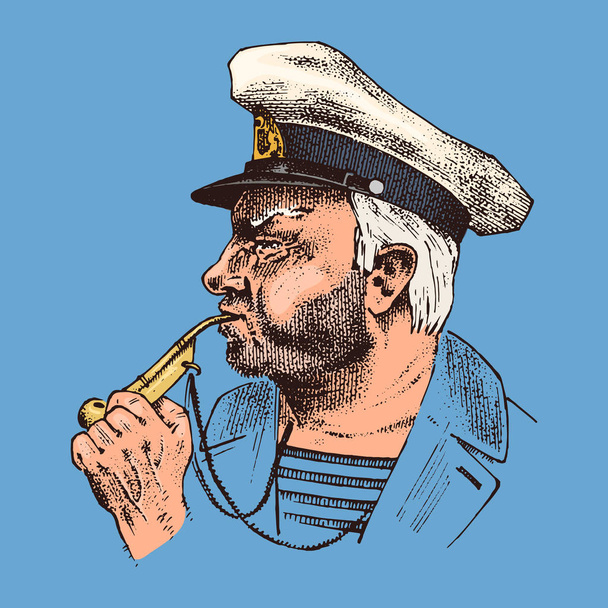 Boatswain with pipe. sea captain, marine old sailor or bluejacket, whistle and seaman with beard or men seafarer. travel by ship or boat. engraved hand drawn in old boho sketch. - Vector, Image