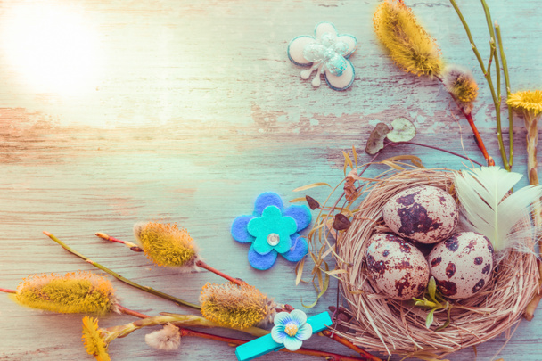 Пасхальный фон с пасхальными яйцами и весенними цветами. Вид сверху с пространством для копирования - Фото, изображение