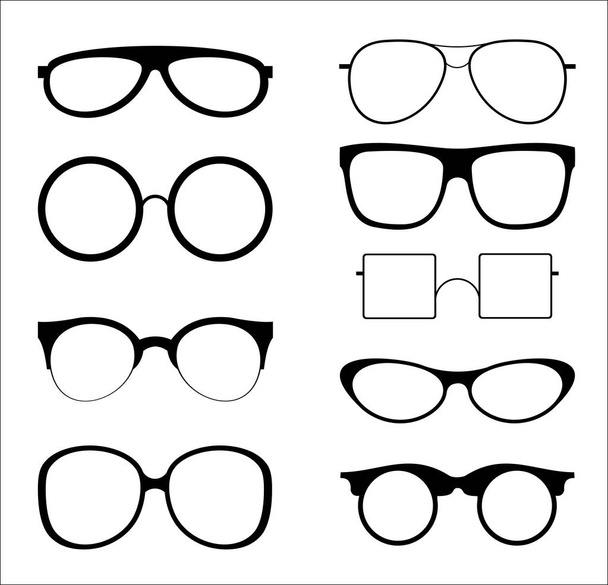 Vector illustration set of silhouettes sunglasses isolated on white color background. Glasses model icons in trendy and vintage, hipster shapes, different 80th and 90th style. - Vector, Image