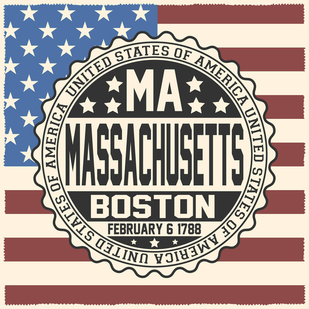 Dekorative Briefmarke mit Text Vereinigte Staaten von Amerika, ma, massachusetts, Boston, 6. Februar 1788 auf US-Flagge. - Vektor, Bild