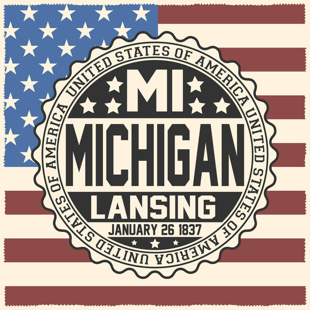 Dekorative Briefmarke mit Text Vereinigte Staaten von Amerika, mi, michigan, lansing, 26. Januar 1837 auf US-Flagge. - Vektor, Bild