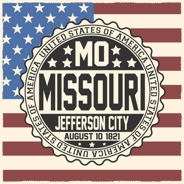 Dekorative Briefmarke mit Text Vereinigte Staaten von Amerika, mo, missouri, jefferson city, 10. August 1821 auf US-Flagge. - Vektor, Bild