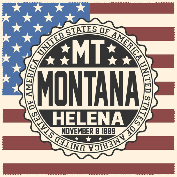 Dekorative Briefmarke mit Text Vereinigte Staaten von Amerika, mt, montana, helena, 8. November 1889 auf US-Flagge. - Vektor, Bild