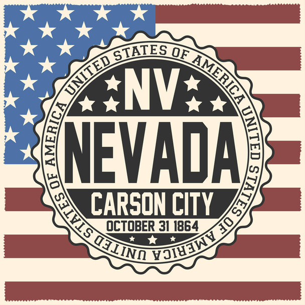 Dekorative Briefmarke mit Text Vereinigte Staaten von Amerika, nv, nevada, carson city, 31. Oktober 1864 auf US-Flagge. - Vektor, Bild