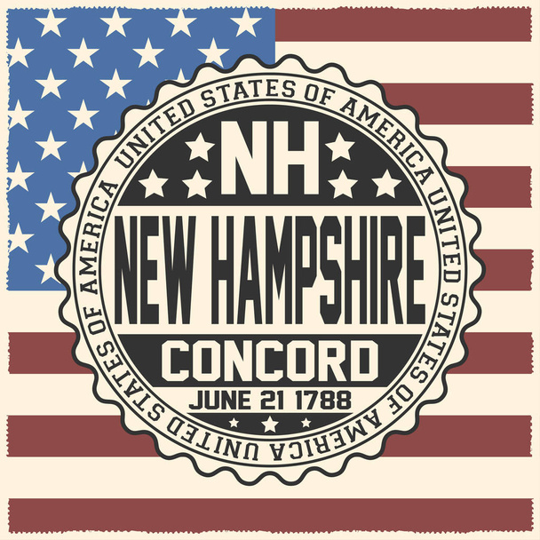 Dekorative Briefmarke mit Text Vereinigte Staaten von Amerika, nh, New hampshire, Concord, 21. Juni 1788 auf US-Flagge. - Vektor, Bild