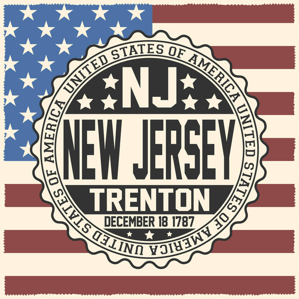 Dekorative Briefmarke mit Text Vereinigte Staaten von Amerika, nj, neues Trikot, trenton, 18. Dezember 1787 auf US-Flagge. - Vektor, Bild