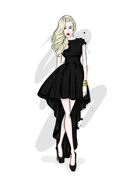 A tall, slender girl in a beautiful evening dress. Fashion & Style. Vector illustration. Eps 10. - Vektor, obrázek