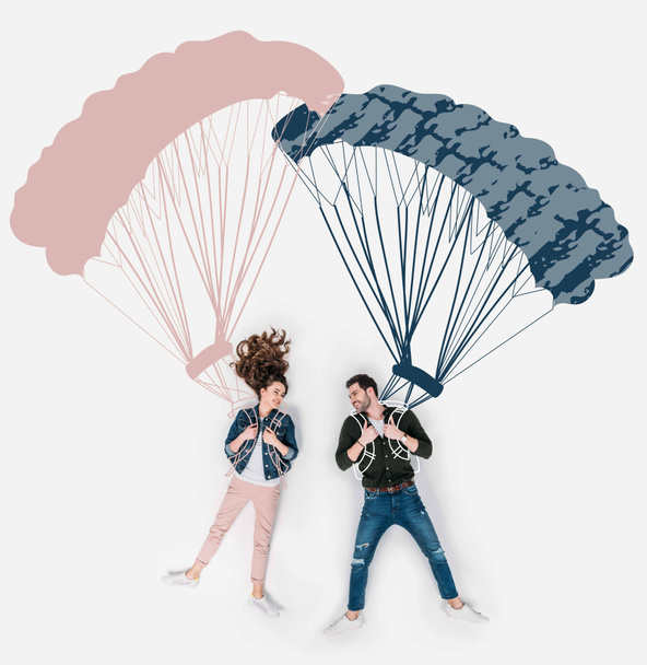 creative hand drawn collage with flying with parachutes together - Photo, Image
