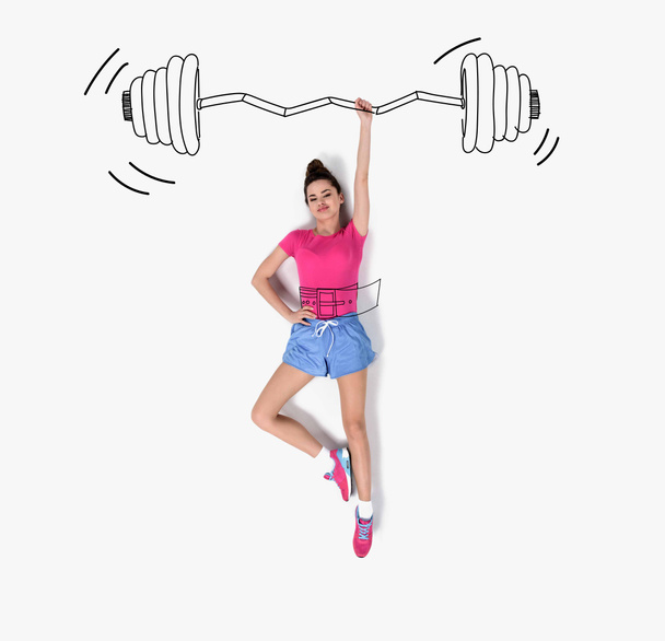 creative hand drawn collage with woman lifting barbell with one hand - Fotoğraf, Görsel