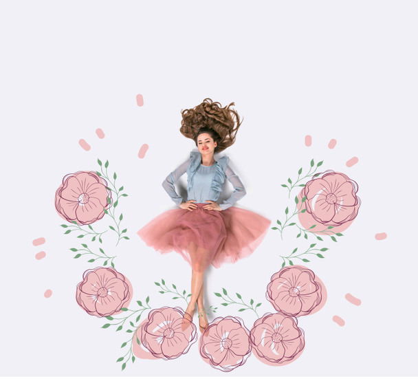 creative hand drawn collage with woman surrounded with flowers - Photo, Image