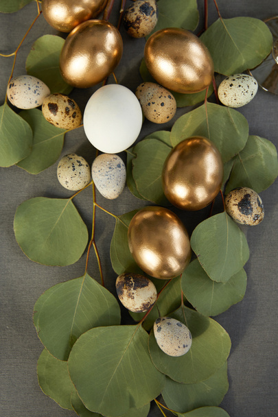 vue du dessus des œufs de Pâques dorés sur les feuilles vertes
 - Photo, image