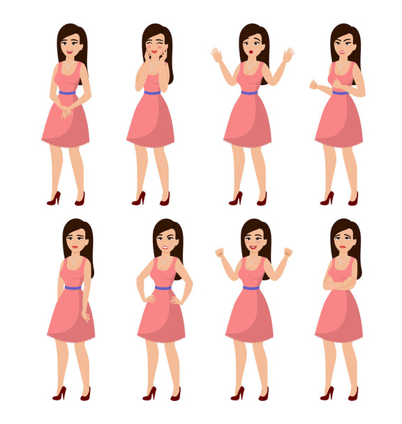 Vector illustration set of girl dressed in a pink dress with a different emotions and poses on white background in flat cartoon style. - Vektor, obrázek