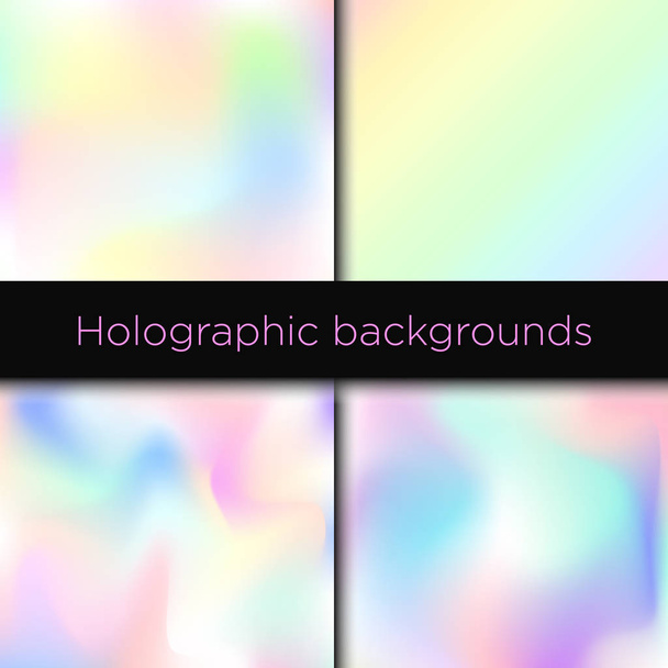 Vector illustratie set van vier realistische holografische achtergronden in verschillende kleuren voor cover design, trendy moderne kaarten, patroon ontwerp afdrukken. - Vector, afbeelding