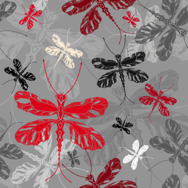 dragonfly white, red, gray, black shades on gray background (seamless pattern)in decorative, graphic style - Vector, imagen