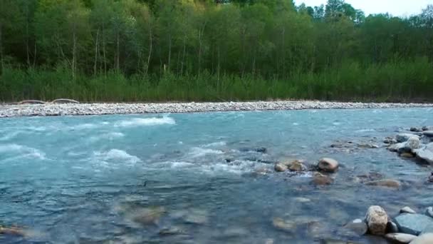 Schoon berg rivier met een sterke stroming stroomt snel uit de bergen van de Kaukasus. Avond - Video