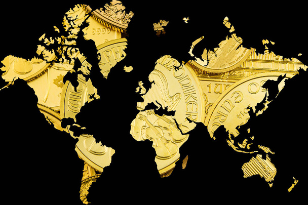 Doppelbelichtung mit Weltkarte und Goldmünzen als Hintergrund - Foto, Bild