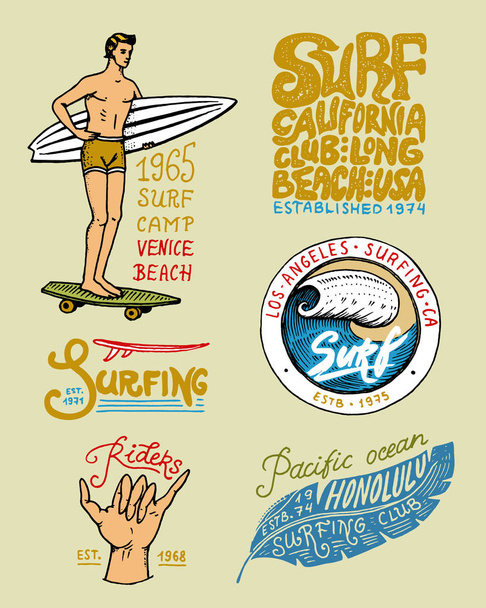 Surf odznak a wave, palmu a oceánu. tropy a Kalifornie. Muž na surfovací prkno, v létě na pláž a moře. rytým znakem ručně kreslené. Nápisu nebo plakátu. sporty na Havaji. - Vektor, obrázek