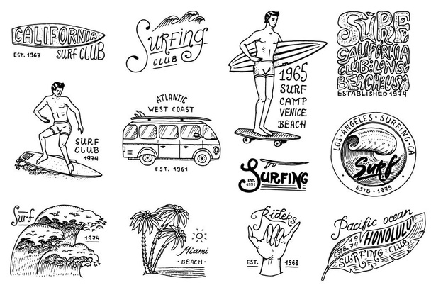 Surf badge és a hullám, a pálmafa és a óceán. trópusokon és Kaliforniában. az ember a szörf, a nyár a strand és a tenger. vésett embléma kézzel rajzolt. Transzparensek és plakátok. Sport, Hawaii. - Vektor, kép