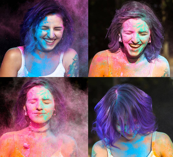 Набор изображений счастливой женщины с фиолетовыми волосами, празднующей Холи
 - Фото, изображение