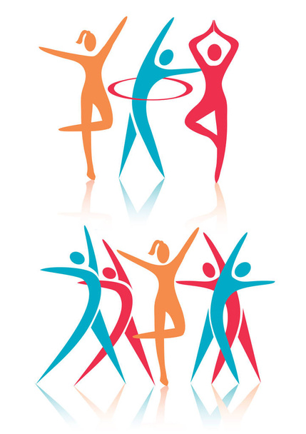 Fitness dance women icons.Stylized colorful icons with shadow. Woman fitness aerobics activities.Vector available.  - Vector, Image