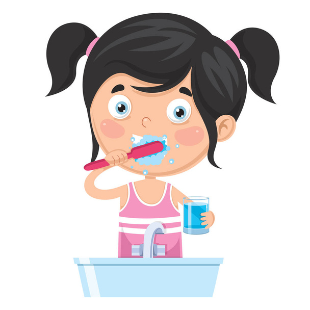 Vector Illustration Of Kid Brushing Teeth - Vector, Image