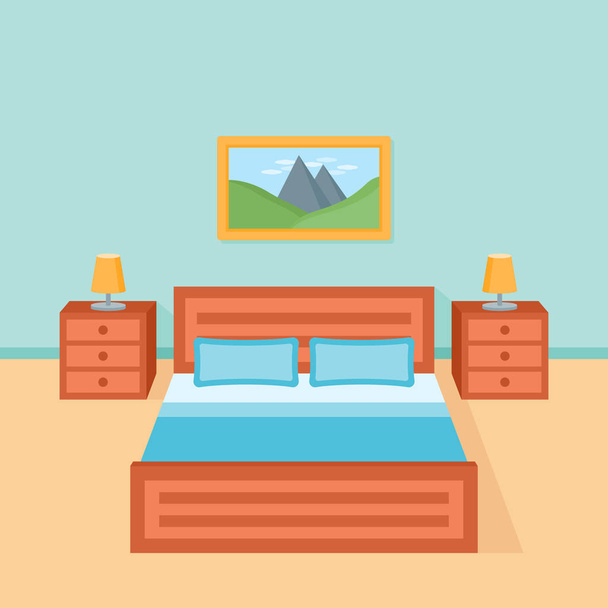 Schlafzimmereinrichtung mit Bett, Nachttisch und Lampe - Vektor, Bild
