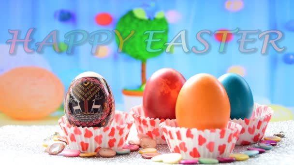 Colorful Easter decoration and "Happy Easter" text - Footage, Video