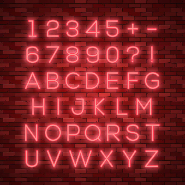 Ρεαλιστική νέον αλφάβητο. Φωτεινός neon πυρακτωμένο γραμματοσειρά - Διάνυσμα, εικόνα