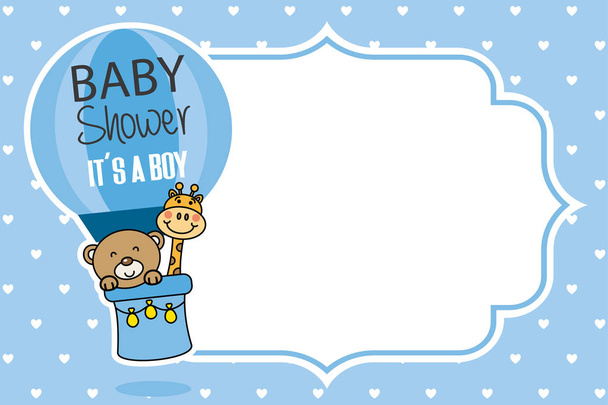 baby shower card. bear and giraffe flying in a balloon.It' s a boy - Vector, Imagen