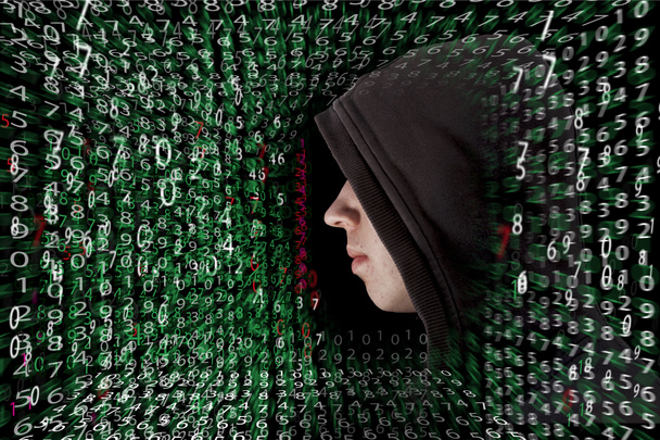 A fiatal hacker fürkésző passcodes és problémamegoldó jelszó dolgozni körül sok számjegyet és adat - biztonsági koncepció grafikus felhasználói felület - Fotó, kép