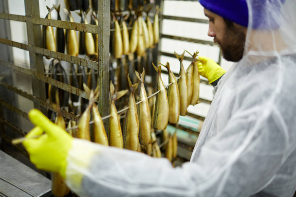 Персонал заводу морепродуктів в рукавичках і уніформі, що тримає дріт з копченою рибою
 - Фото, зображення