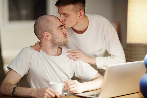 Ερωτική γκέι άντρας φιλί ερωμένη του, ενώ δαπάνες αναψυχής στο σπίτι - Φωτογραφία, εικόνα