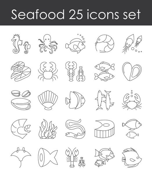 Vector illustration set of fish and seafood outline icon, collection of elegant thin line elements fish goods on white background. - ベクター画像