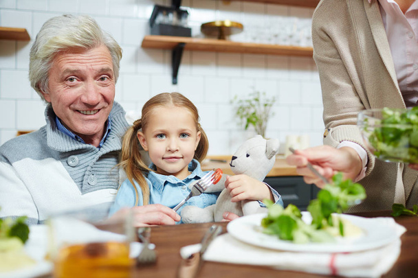 Roztomilý dívka a její dědeček, zatímco sedí servírované večeře při pohledu na fotoaparát - Fotografie, Obrázek
