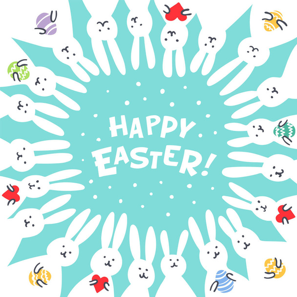 Vicces nyuszi Húsvét üdvözlőkártya fehér húsvéti nyulak. Illusztráció: aranyos nyuszik-húsvéti tojások és szívvel és kellemes Húsvéti Ünnepeket szöveg. - Vektor, kép