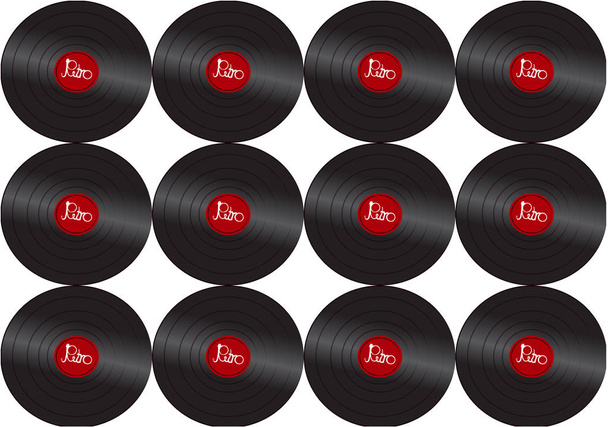 Das Muster besteht aus schwarz schillerndem Vinyl, das analog zur alten antiken Hipster-Vintage-Schallplatte für Vinyl-Grammophon und Retro-Beschriftung auf rotem Hintergrund ist. Vektorillustration - Vektor, Bild