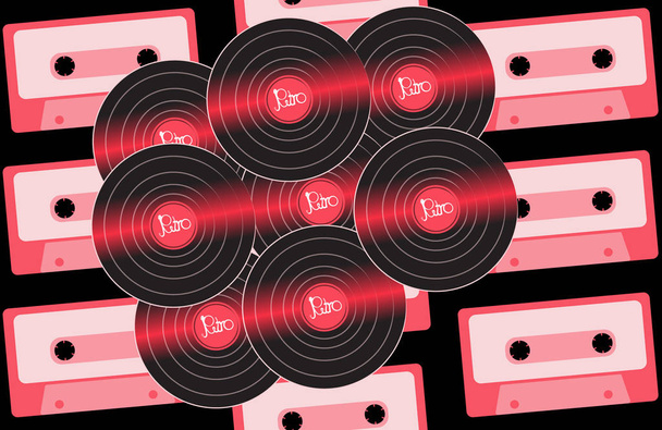 Многие фиолетовые виниловые музыкальные аналоговые ретро-старые хипстерские винтажные граммофонные пластинки для винилового граммофона на фоне фиолетовых розовых аудиокассет 80-х годов. Векторная иллюстрация
 - Вектор,изображение