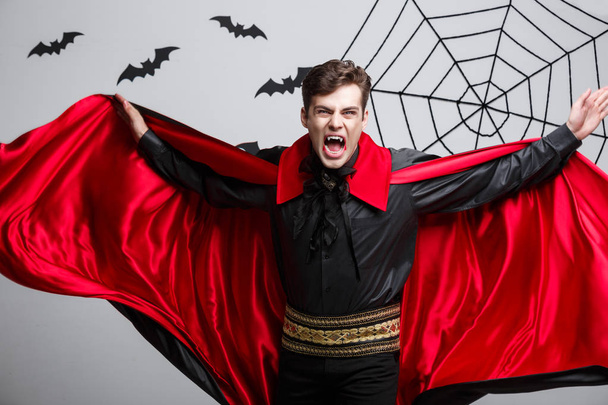 Vampire Halloween Concept - Portrait of handsome caucasian Vampire halloween costume fluttering his red, black cloak. - Fotoğraf, Görsel