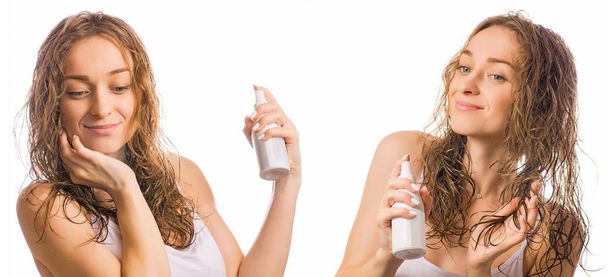 Beautiful young woman wet hair spray for hair beauty set - 写真・画像