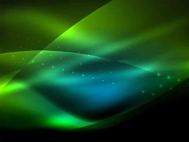 Fundo de onda de néon com efeitos de luz, linhas curvas com pontos brilhantes e brilhantes, cores brilhantes na escuridão, energia mágica
 - Vetor, Imagem