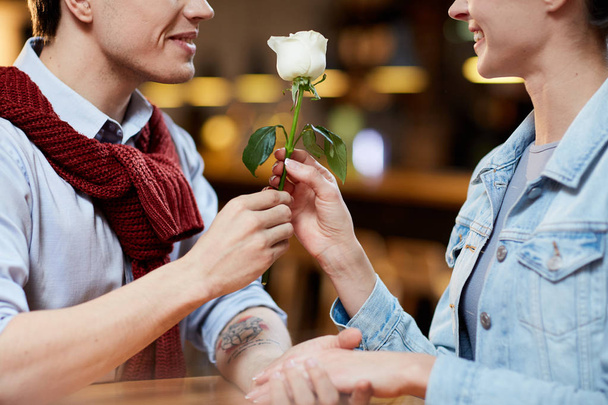 Romantic guy giving white rose to his girlfriend as symbol of pure love - Φωτογραφία, εικόνα