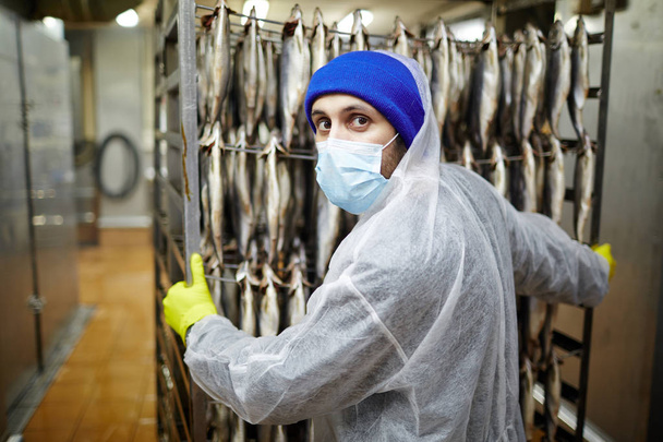 Pessoal da planta de produção de frutos do mar empurrando carrinho com filé de sardinhas frescas
 - Foto, Imagem